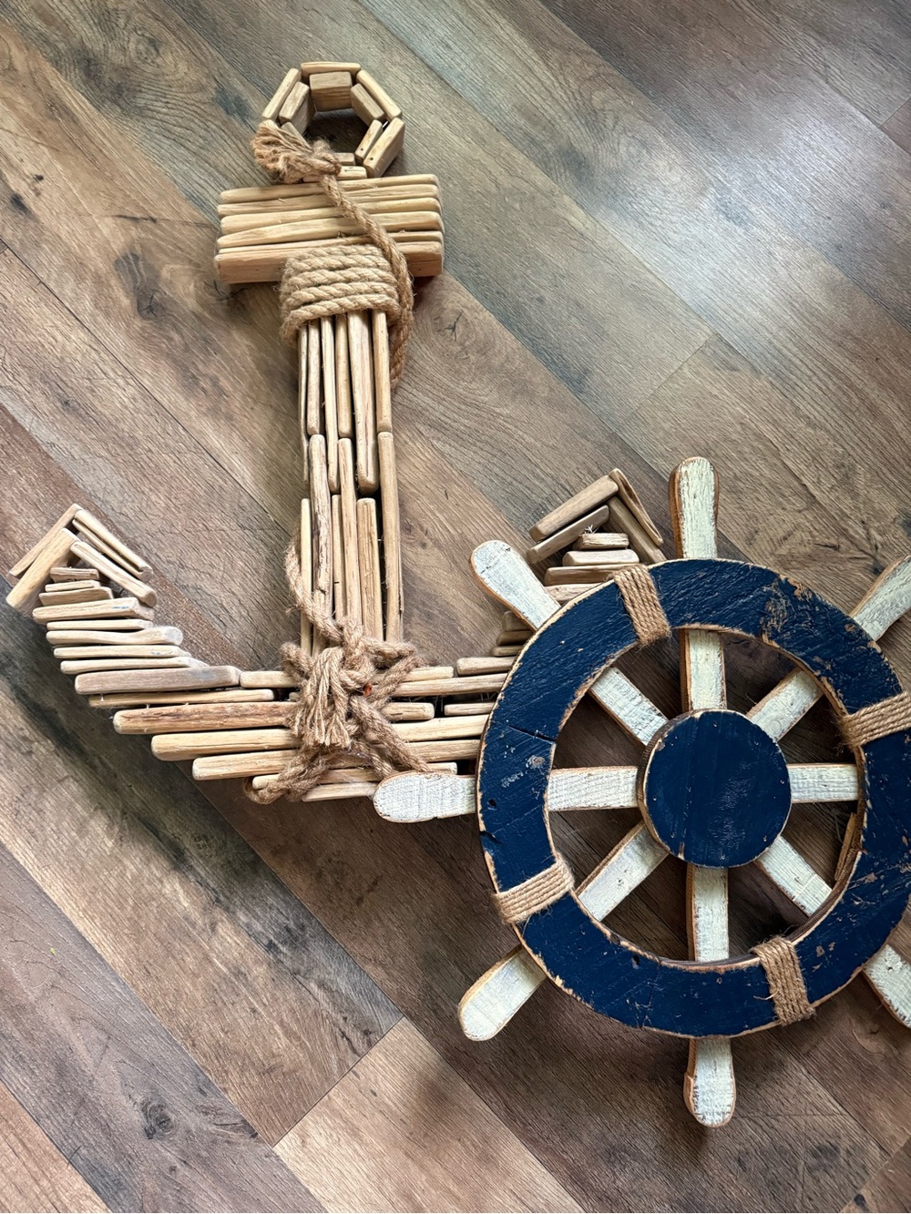 Nautical Anchor & Ship Wheel Wall Decor - Natural Wood & Navy